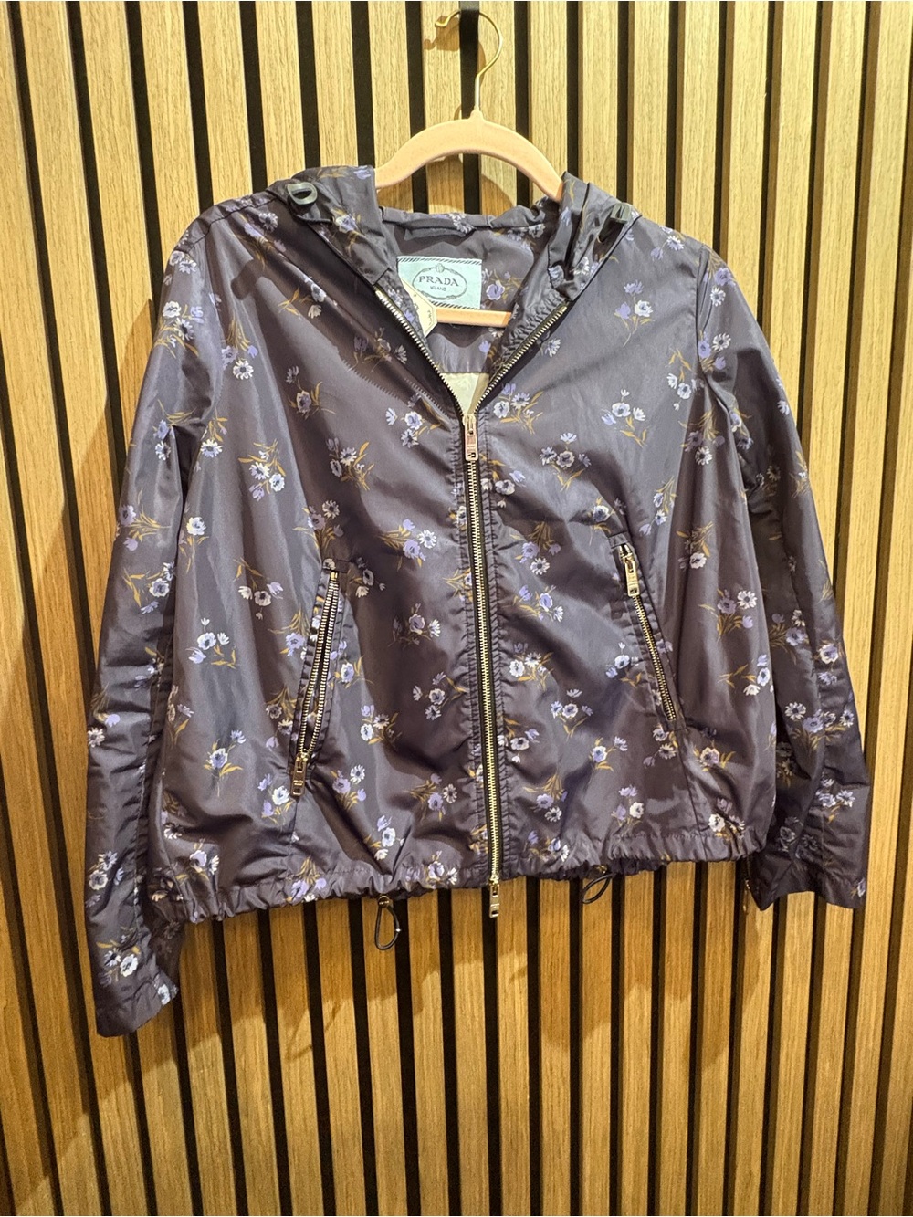 Prada Black Floral Hooded Bomber Jacket